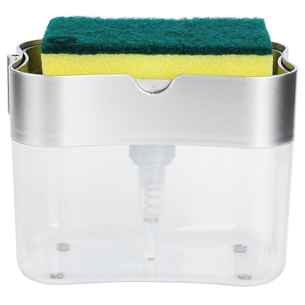 2 in 1 Pressing Type Kitchen Detergent Soap Dispenser Sink Pot Cleaner Cleaning Brush SpongeSilver