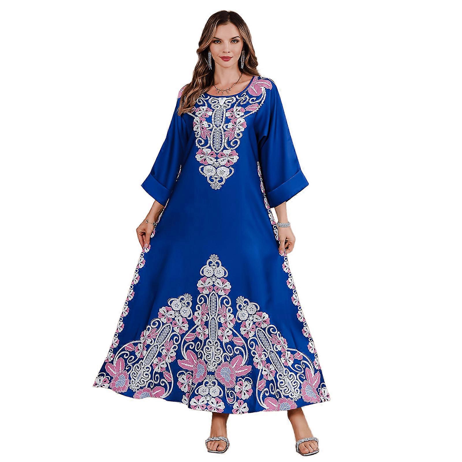 İşlemeli Abayalar Kaftanlar Kadınlar Kızlar için Şık Dubai Fas Kaftan Elbiseler Abayas Moda Uzun Kollu Müslümanlar Elbise Mavi XL