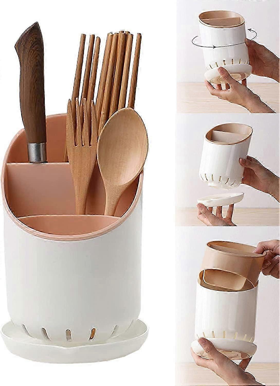 Kitchen Utensil Holders Cutlery Drying Rack for Counter with Catch Pan and Drain Hole