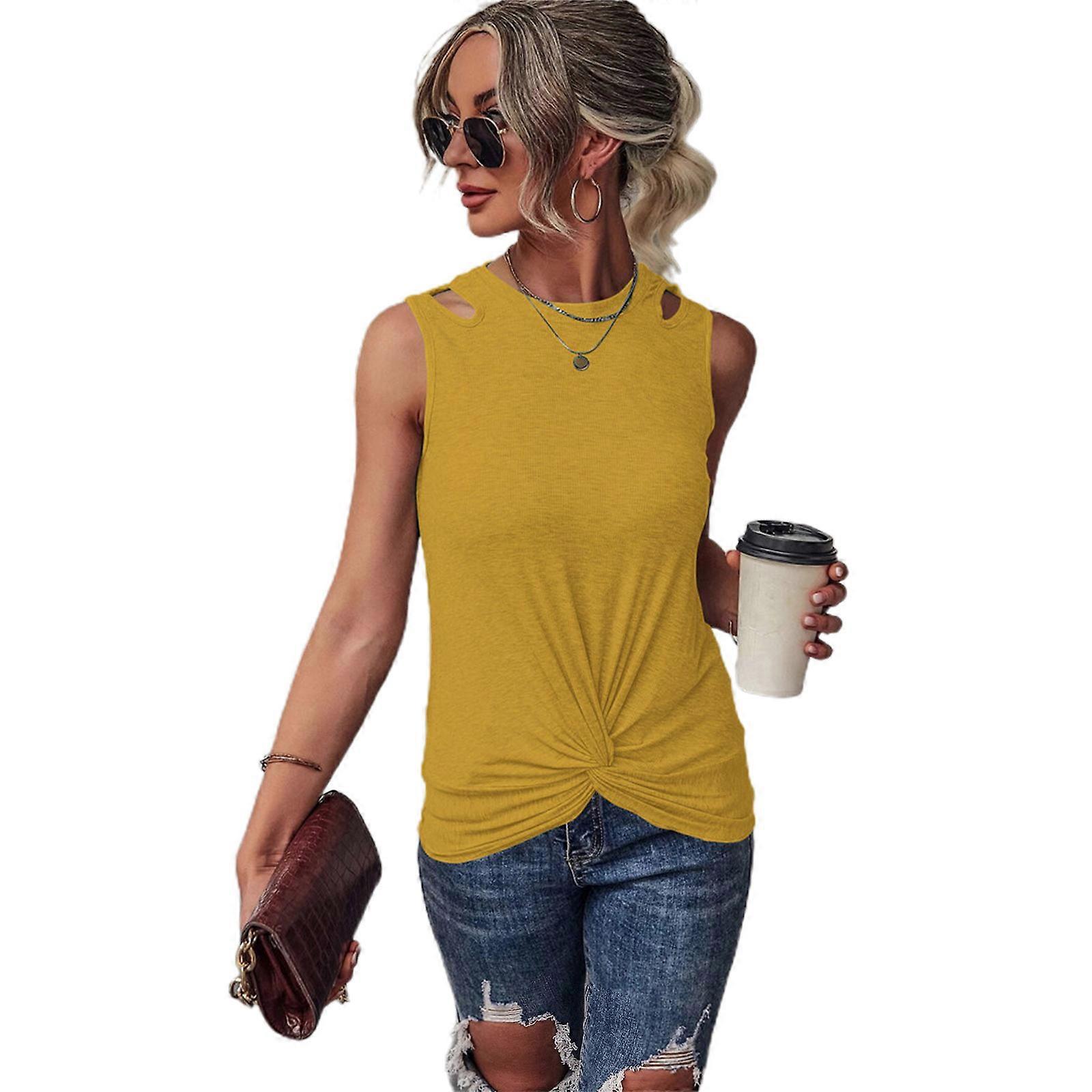 Kvinder Sommer Top Crewneck Ærmeløs Top Cami Shirt Tanktop Til Kvinder Løs pasform Lang Twist Knude Tshirt Camisole Gul XL