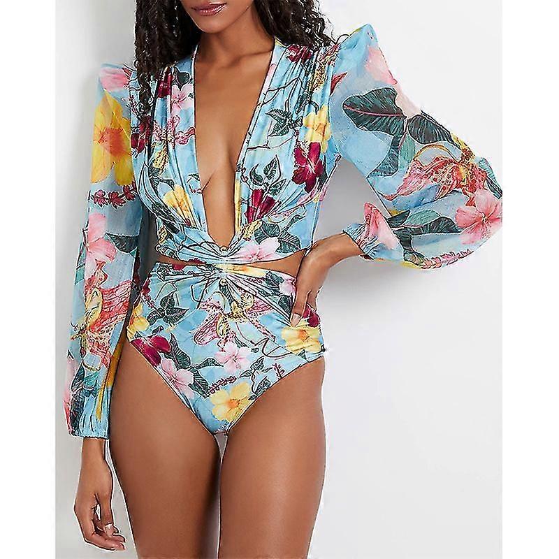 « Maillot de bain à manches longues femme, maillot de bain une pièce bleu, maillot de bain à manches bouffantes »