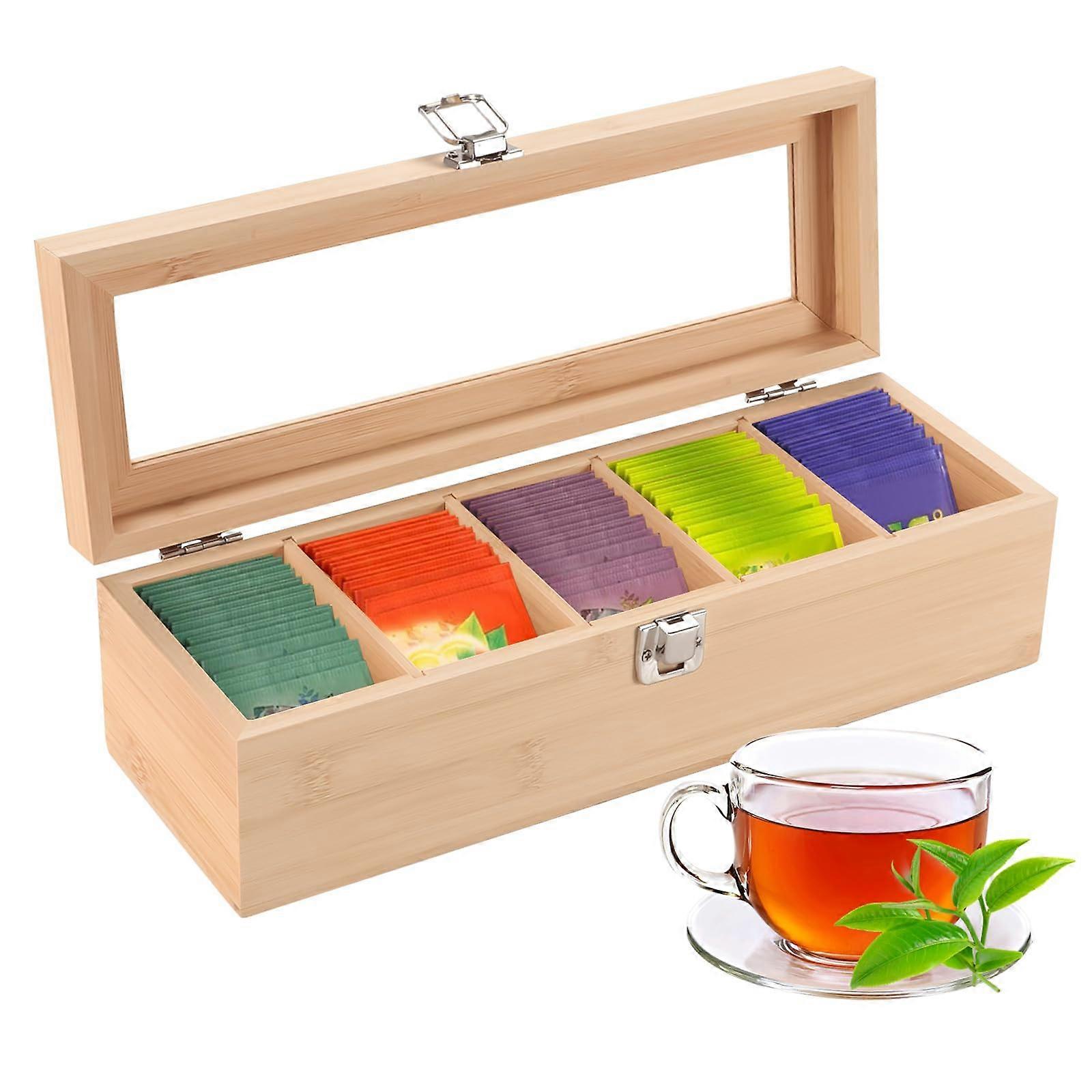 Tea Box for Cabinet Kitchen Pantry Storage, Wooden Tea Organizer with Lids, Large Capacity, Rustic Design, Clear View