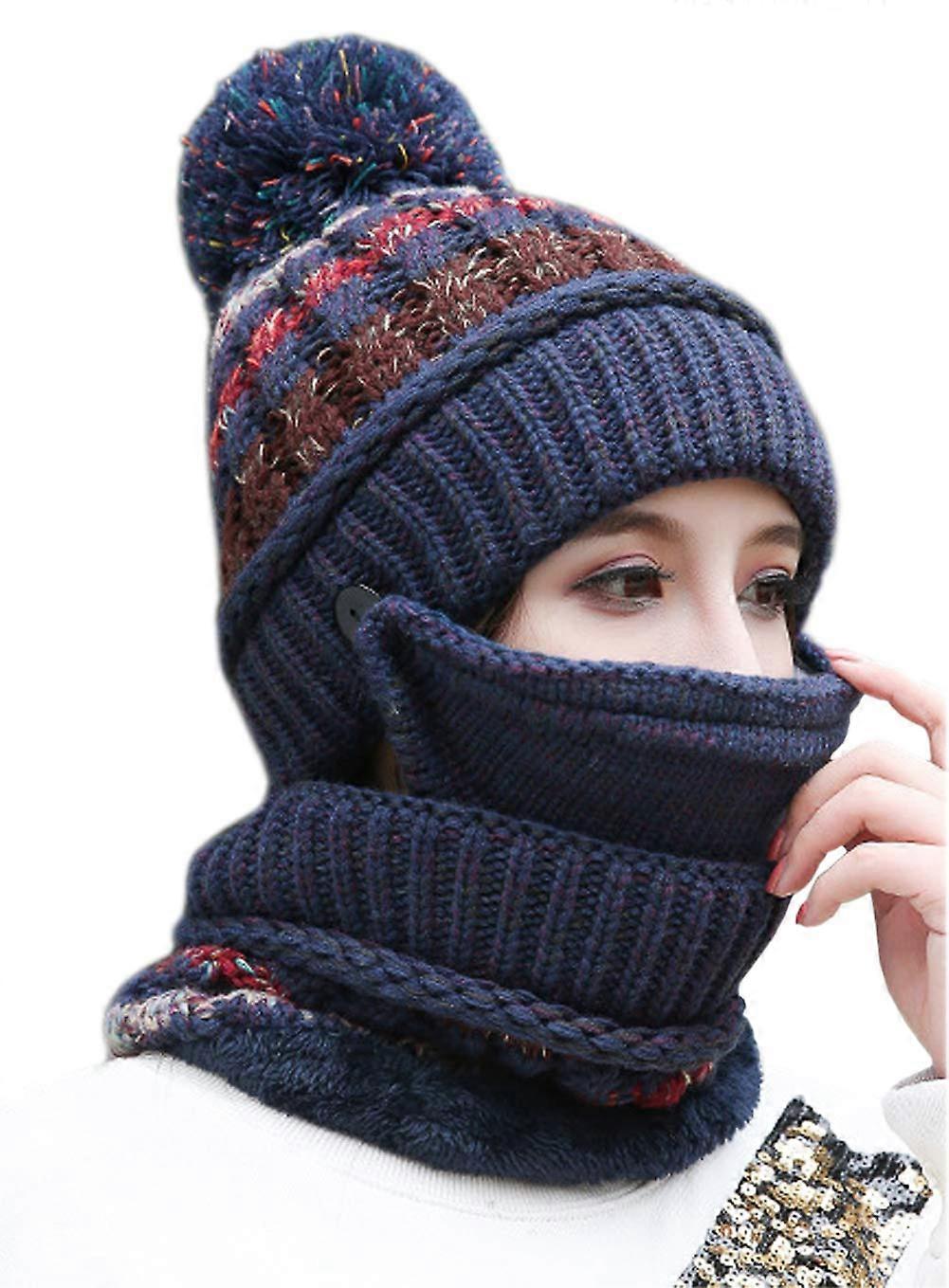 3 1 Winter Knitting Beanie Line Facial Heater Set Flery Polar Fleenery Astig Ski Covers Pompon Fashion Navy Blue