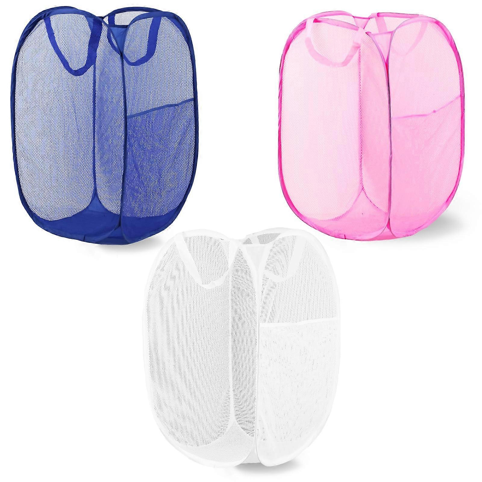 Pop Up Laundry Hamper, Mesh Laundry Basket Collapsible, Foldable Hamper for Travel and Storage, 3 Pack (White+Pink+Blue)