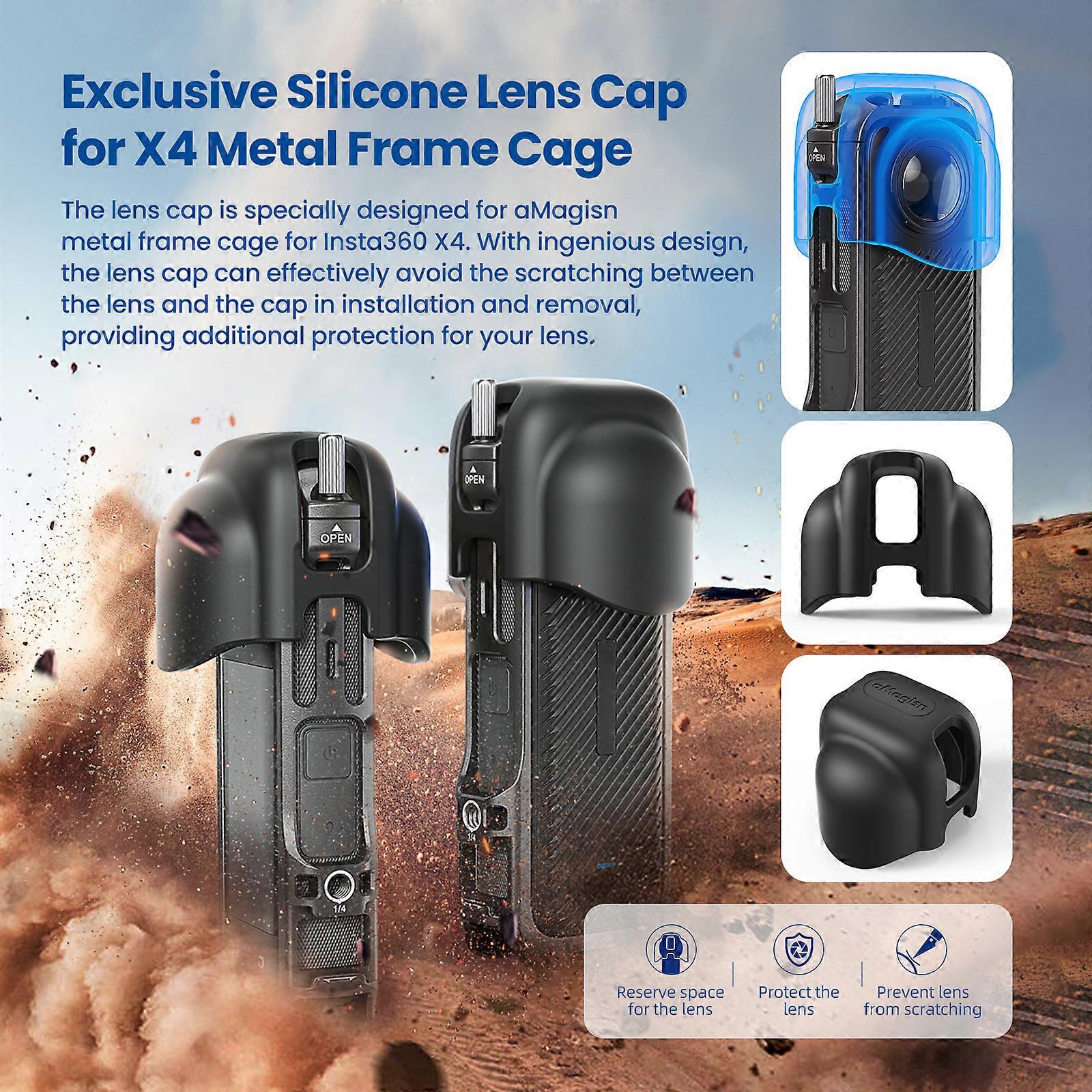 aMagisn Panoramic Camera Video Cage Dual Cold Shoe Mounts with Silicone Lens Cap Metal Protective Frame Camera Cage Compatible with Insta360 X4 Vlog