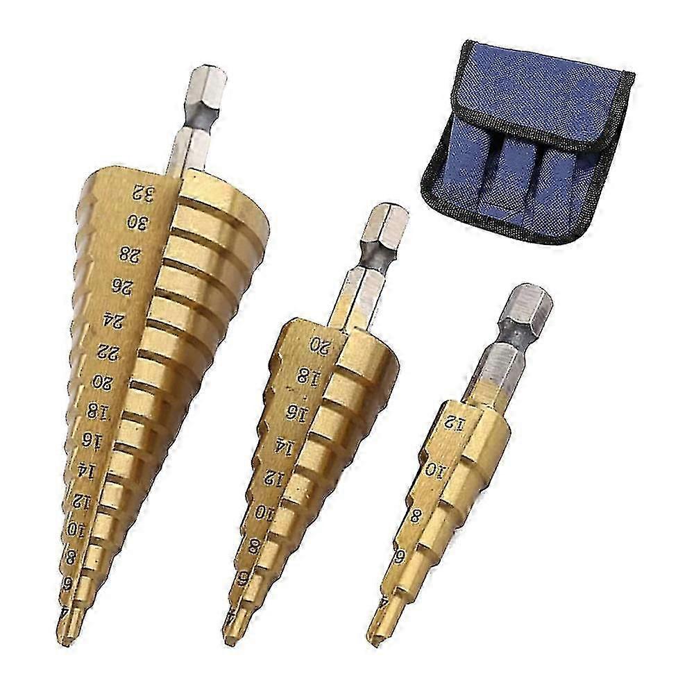 HSS Titanium Coated Step Drill Bit Set 3pcs 4-32mm Cone Hex Shank for Wood/Metal
