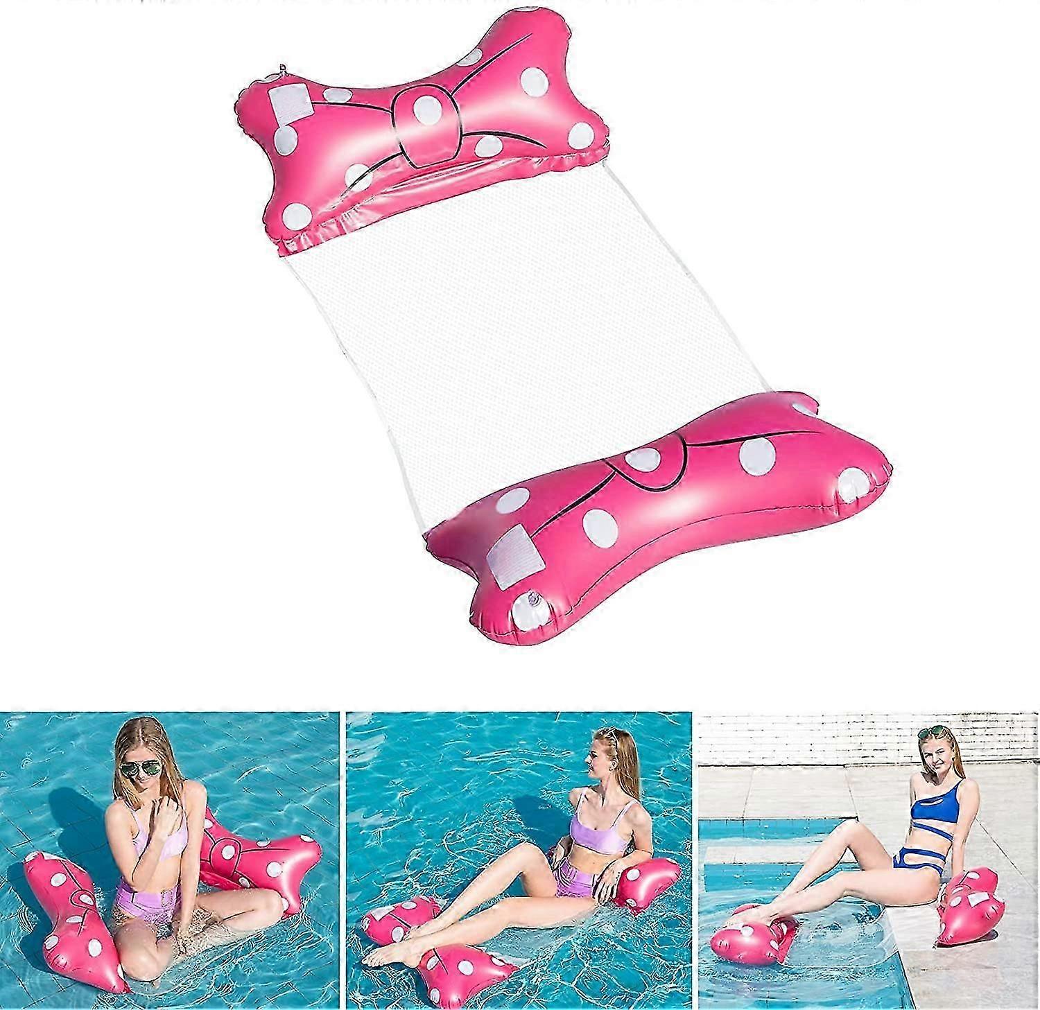 Inflatable Floating Hammock Multi-Purpose Floating Bed 4 in 1 Swimming Hammock (Saddle, Lounger, Dinghy, Hammock), Leak-Proof Nozzle (Pink Bow)