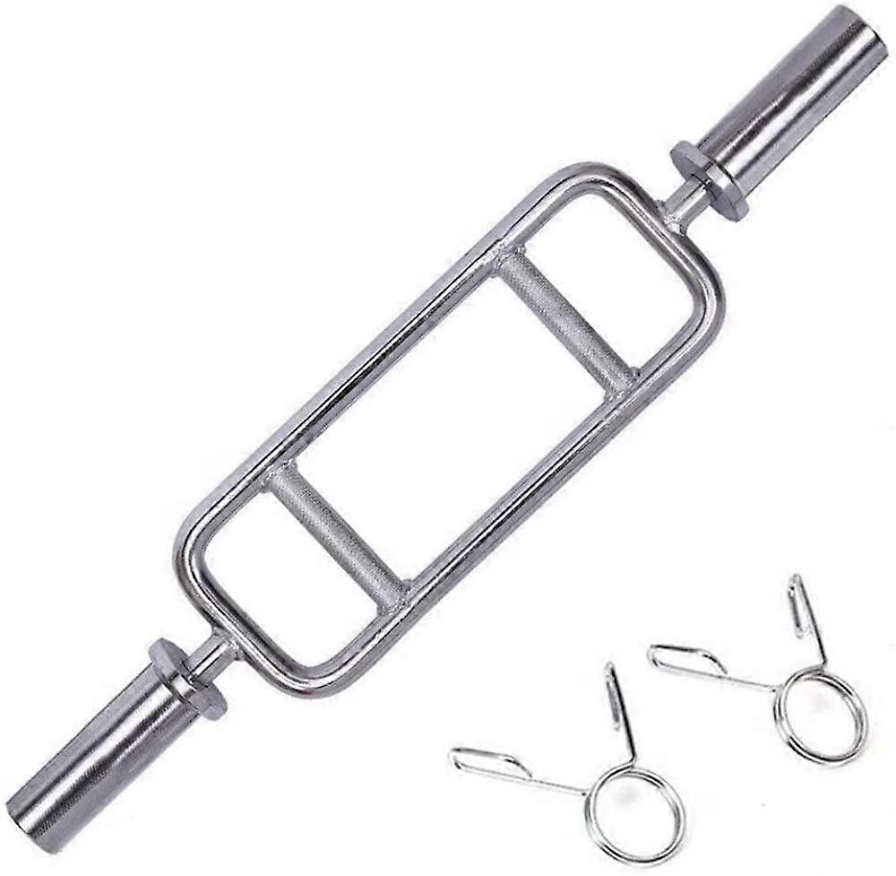 Barbell Bar 34-Inch Solid Triceps Bar With Flat Or Raised Handles And Barbell Spring Clips For Squats, Deadlifts, Shrugs
