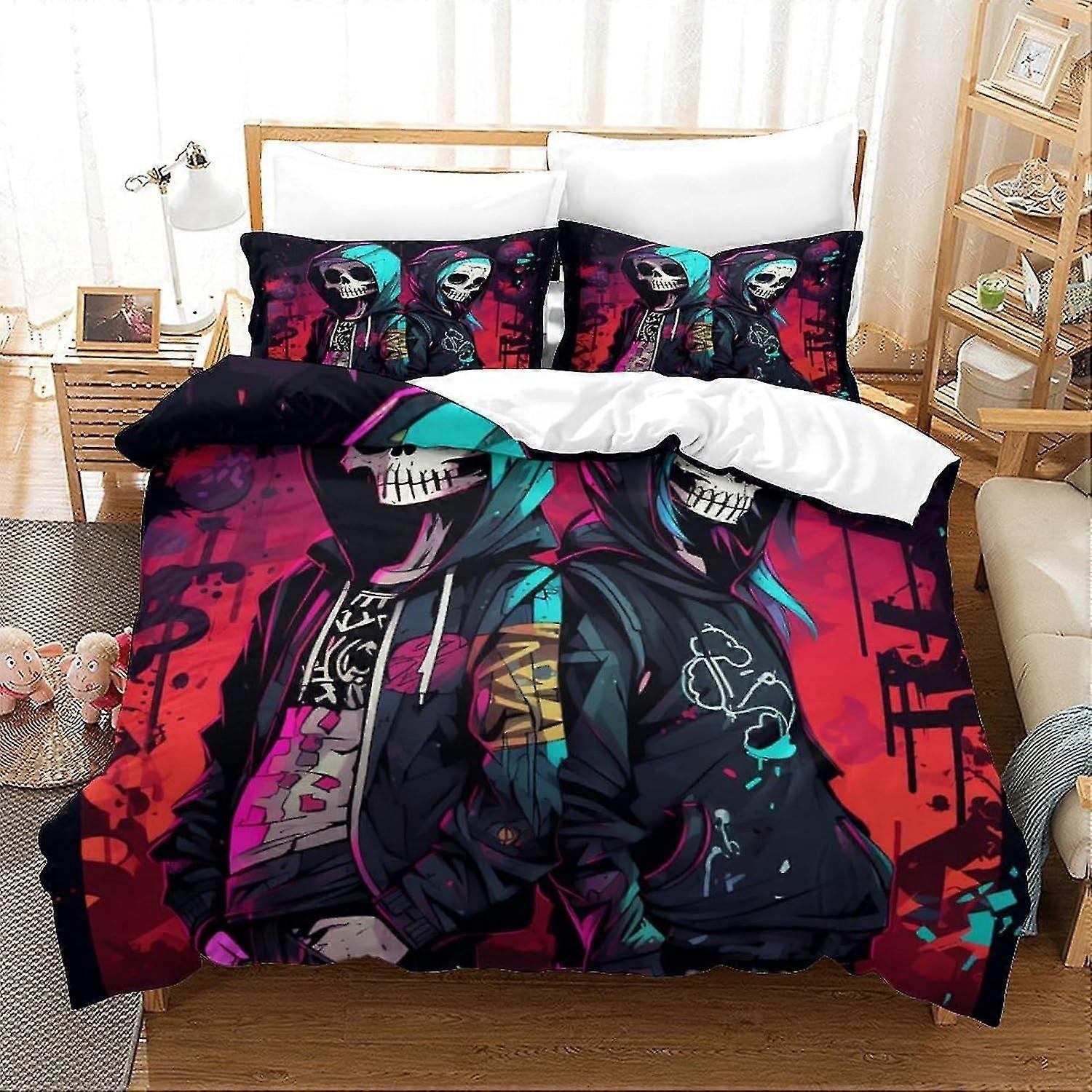 Conjunto de cama de homem esqueleto impresso em 3D com capa de edredom de microfibra estilo grafite romântico, conjunto de capa de edredom de 3 peças