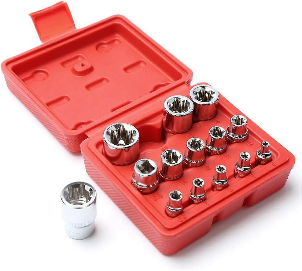14Pcs E-Torx Star Socket Set with Case, 1/4, 3/8, 1/2 in. Drive Female External Star Socket Set E4-E24 Torque Socket Set