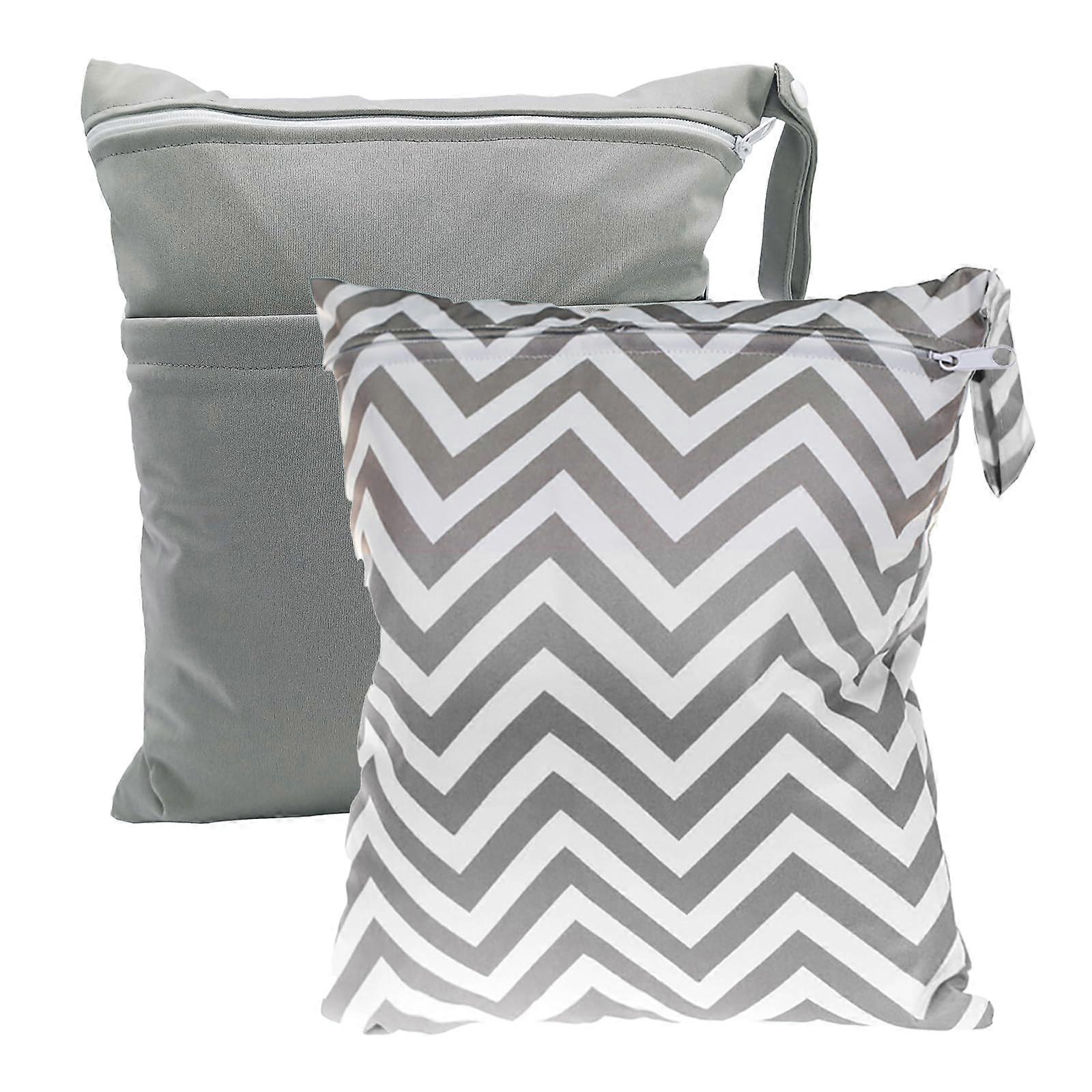 Waterproof Wet Bag Nappy Bag - Pack of 2 Reusable Portable Wet and Dry Separation Machine Washable 36x30cm Grey + Stripes