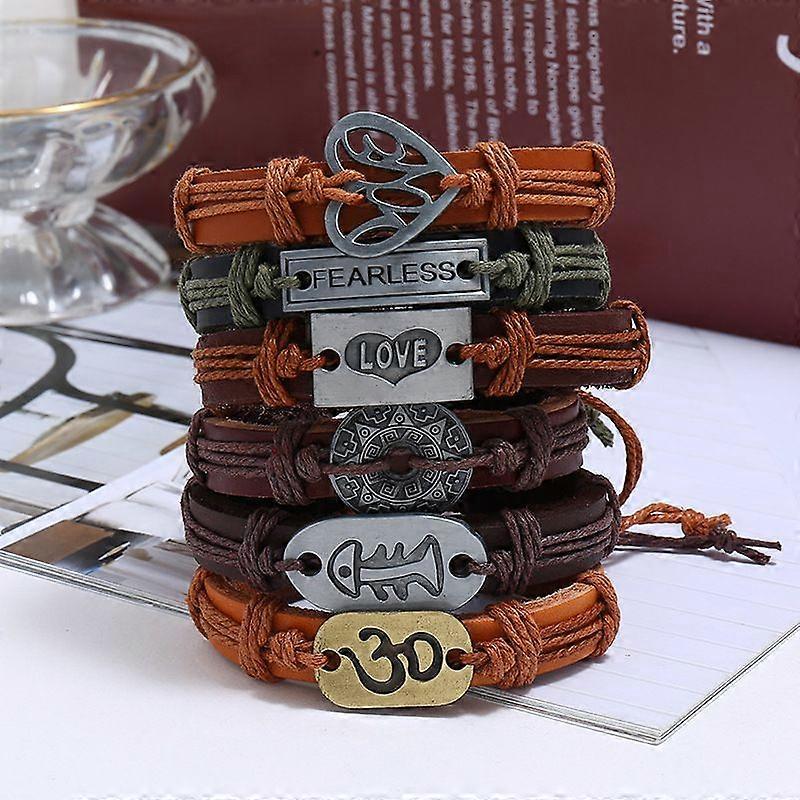 Vintage alloy patterned cowhide bracelet 6-piece set - Alloy pattern hand-woven bracelet set - Alloy patterned men's woven cowhide bracelets