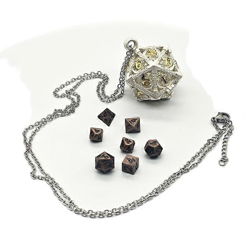 Mini Metal Dice Set with D20 Hollow Flying Dragon, Antique Dice Box, Portable Silver and Gold, 7-Piece Pack