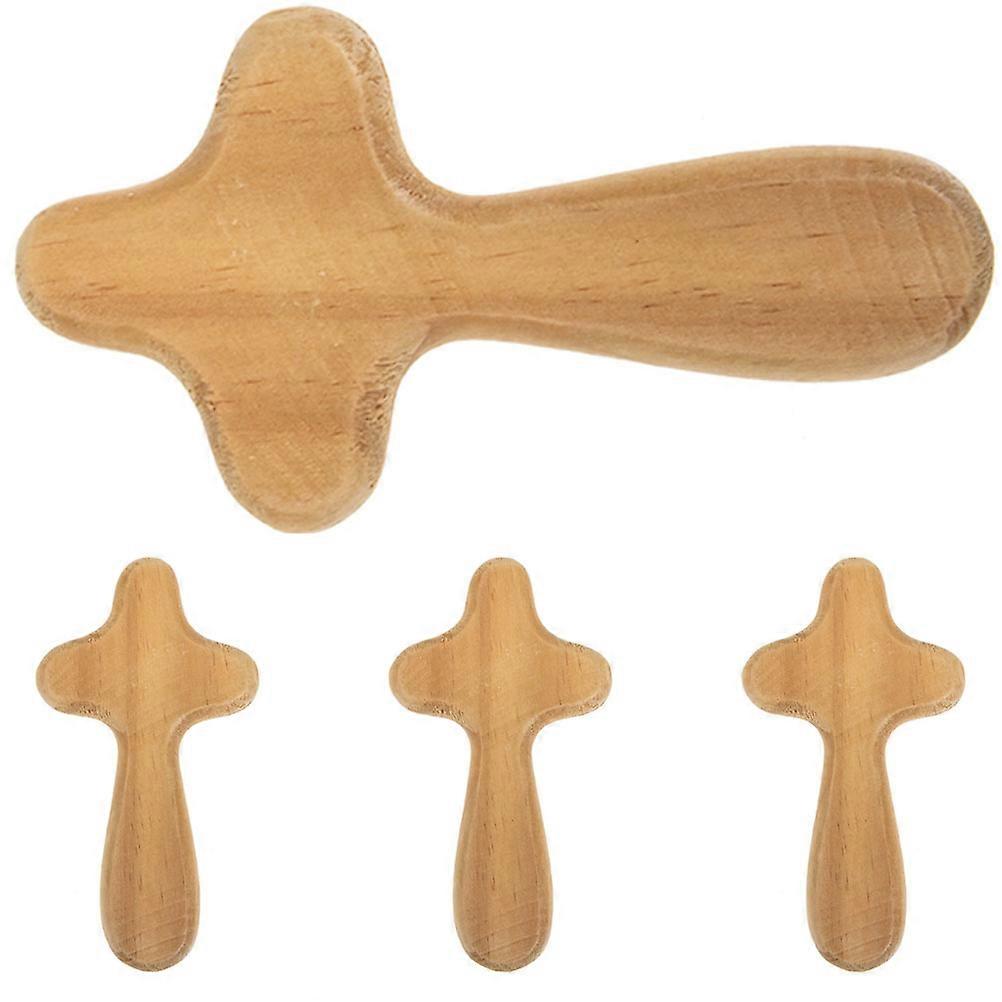 Wooden Cross Ornament for Kids Playing Khaki Color Simple Design Desktop Decoration 4pcs
