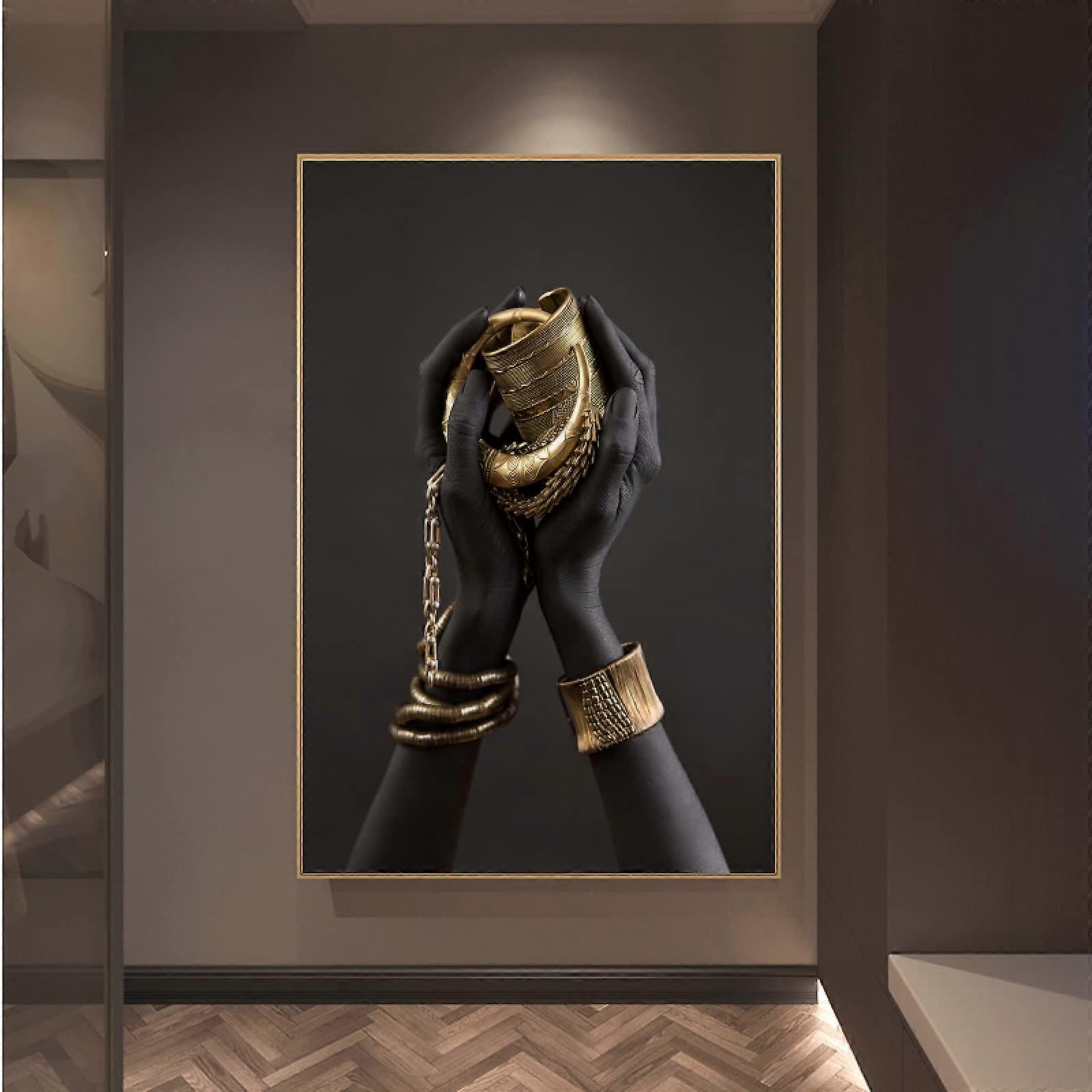 Canvas painting of a Black woman holding golden jewelry, African art, 50 x 70 cm