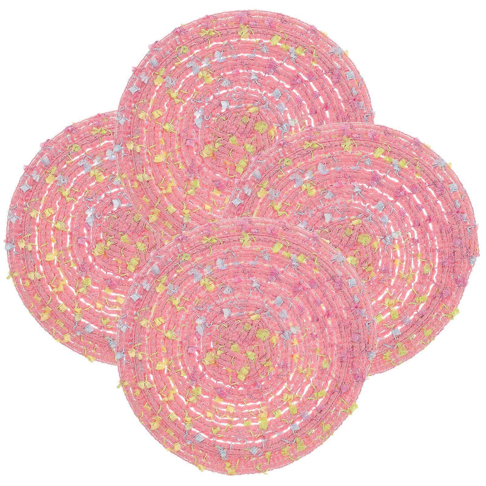 Round Woven Placemat For Kitchen Use With Natural Appearance In Pink Color To Keep Your Table Neat And Organized 4Pcs