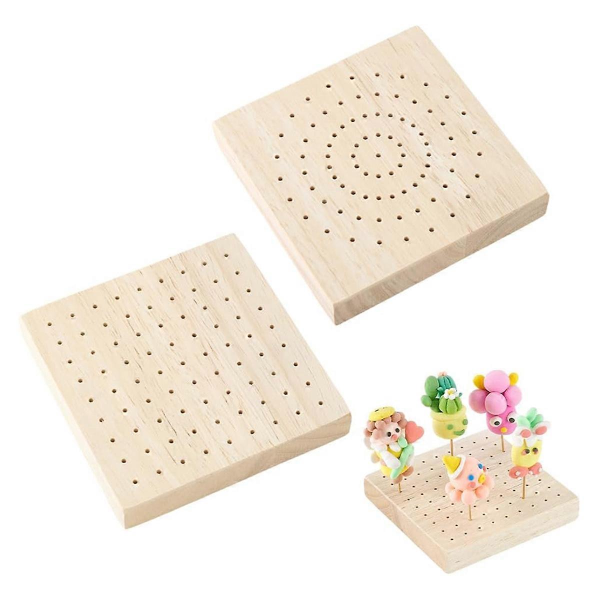 2Pcs 3.9x3.9 Inch Mini Wooden Skewer Holder Square Pick Display Stand for Craft Pottery Clay Model Displays