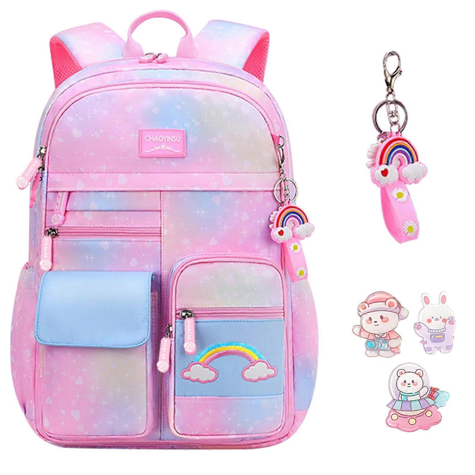 School Backpack For Girls, MultiPocket Daypack, Elementary Book Bag With Keychain Badge, Rainbow Pink
