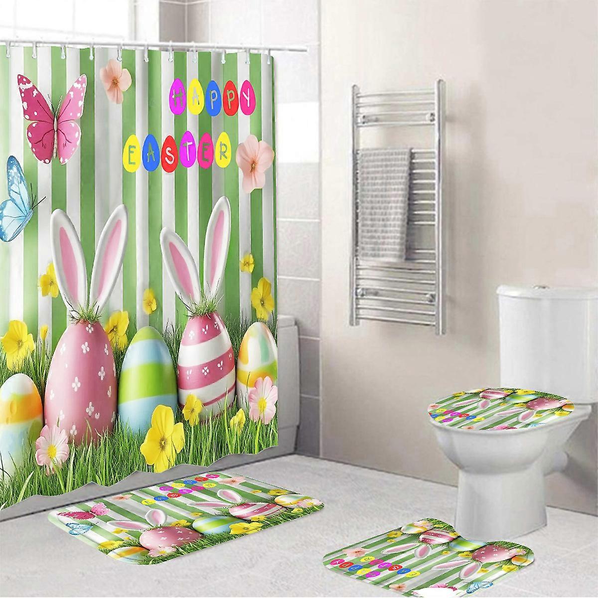 4-piece Easter shower curtain decoration modern home waterproof bathroom floor mat three-piece set