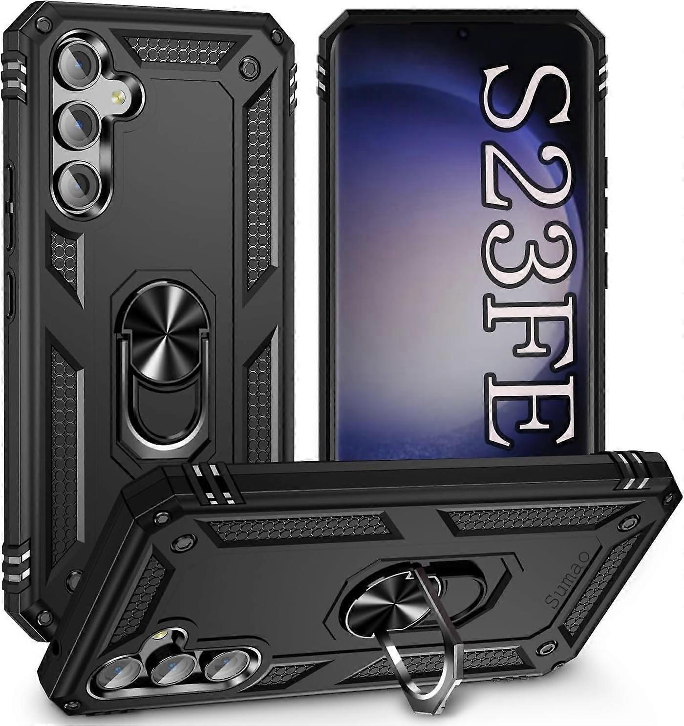 Sumao compatible with Samsung Galaxy S23 FE case for Stand Heavy Duty Drop Protection Rugged Shockproof Case-Black