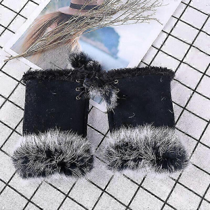 Women's Winter Fingerless Gloves with Faux Rabbit Fur and Suede Wrist