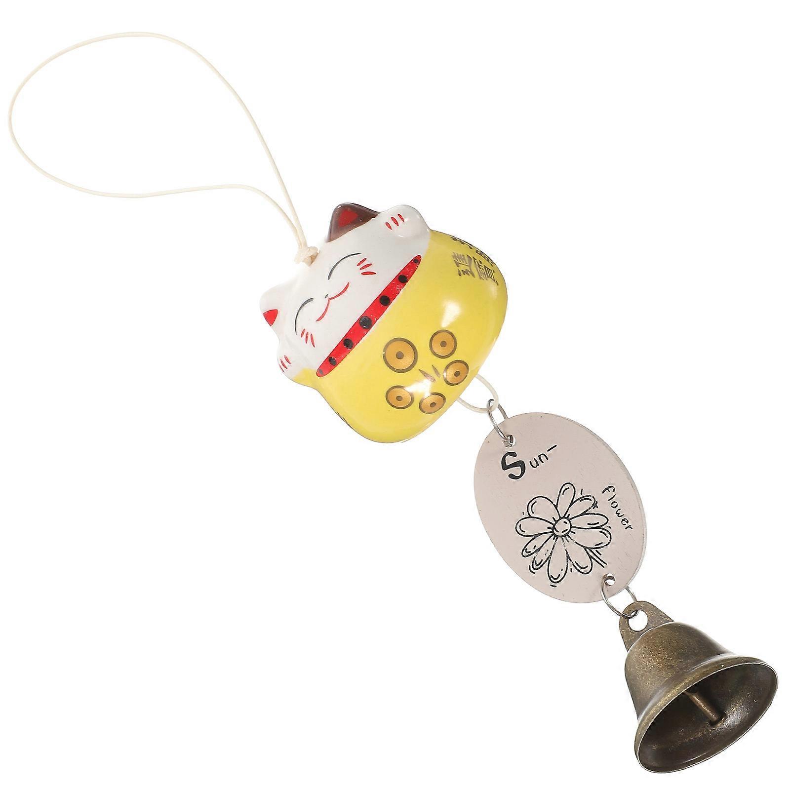Decorative Yellow Ceramic Wind Bell Cute Wind Fortune Cat Chime 3Pcs