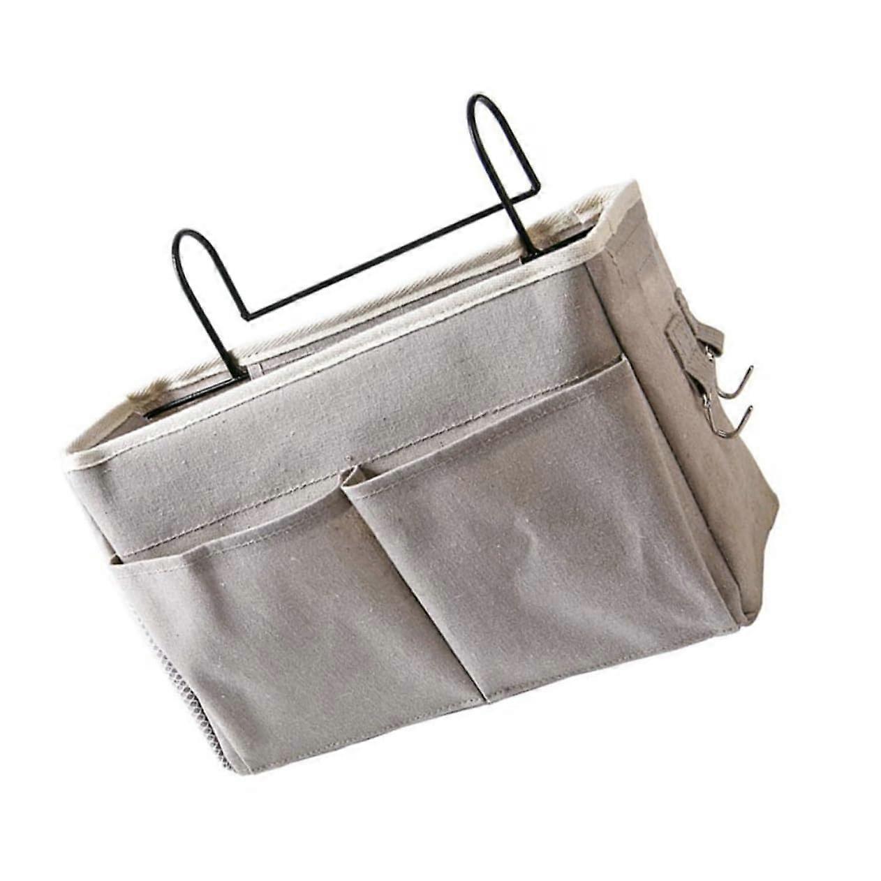 Grey Fabric Bedside Hanging Organizer Bag Overbed Storage for Dorm, Fits Bedside Rails, Pockets for Books