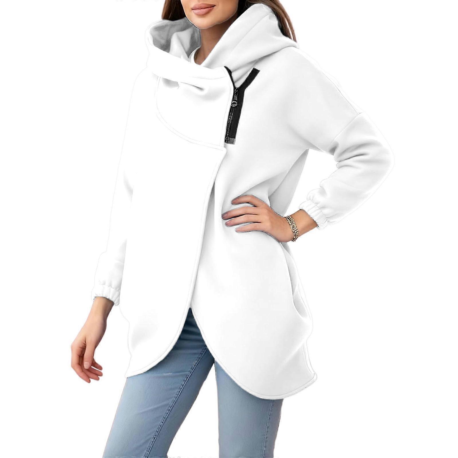 Women's oversized asymmetrical zip-up hooded fleece jacket with a large hood, suitable for casual wear and cold weather.  White XL