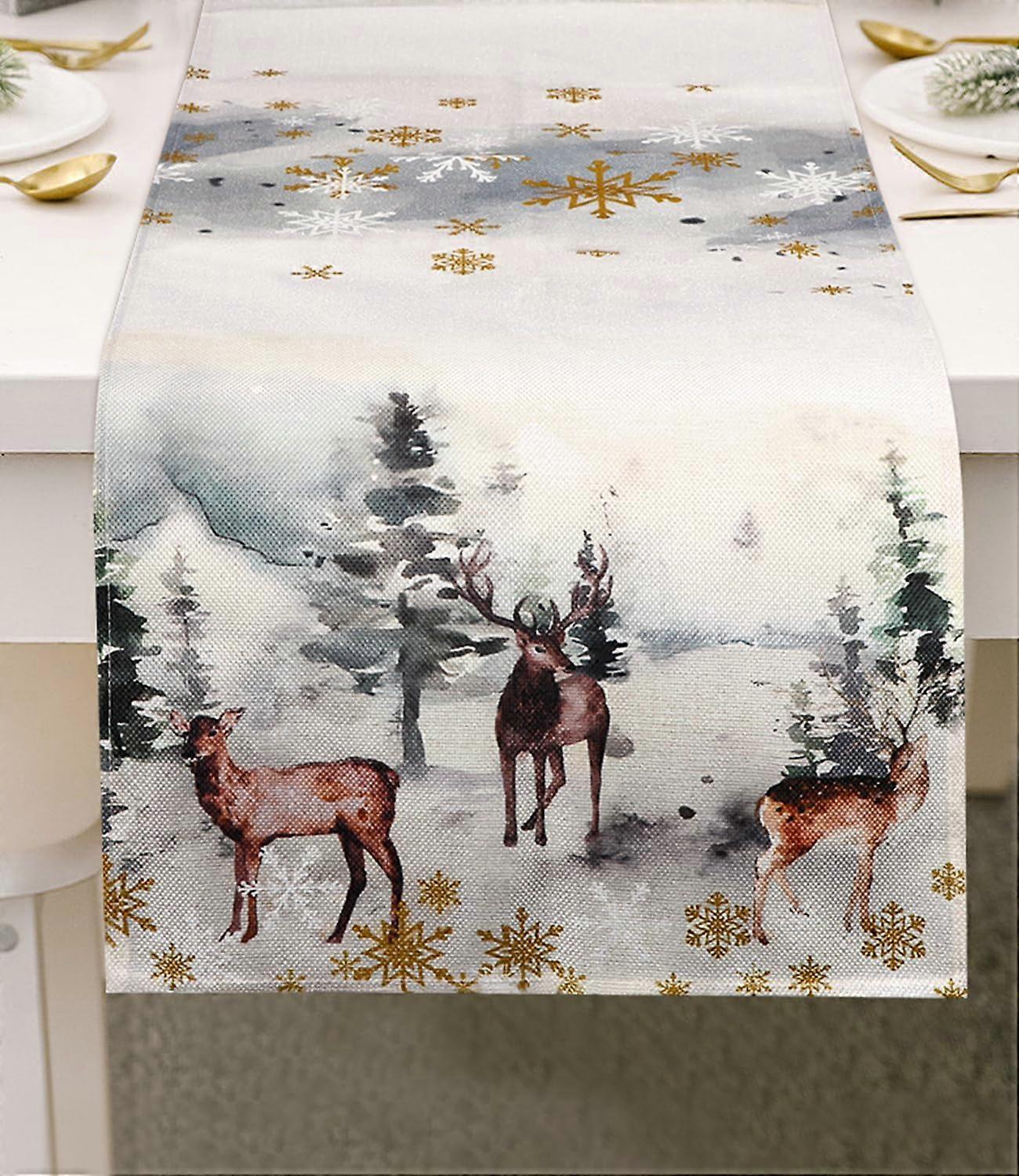 Christmas table runner, Christmas table decoration, snow scene Christmas tree and reindeer pattern Christmas table runner, size: 140 x 40 cm