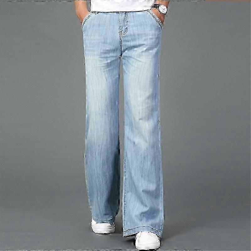 Men's High Waist, Straight Wide Leg, Stretchy, Colorfast Denim Jeans with a Button Zipper Closure and Pockets, a Formal Business Style Long Trouser