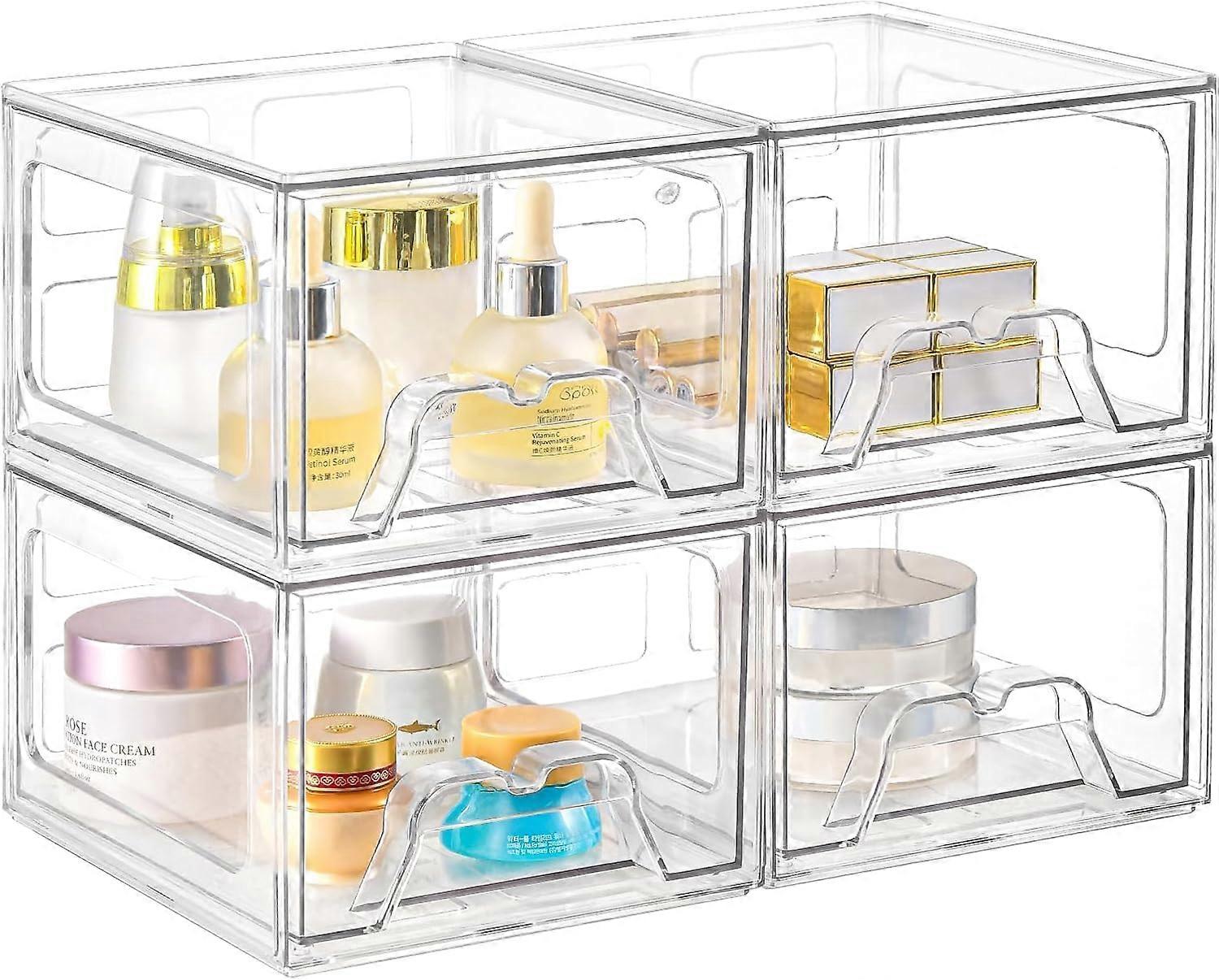 Clear Makeup Organizer, Stackable Acrylic Storage Drawers with Easy Pull Handles, 4 Pack