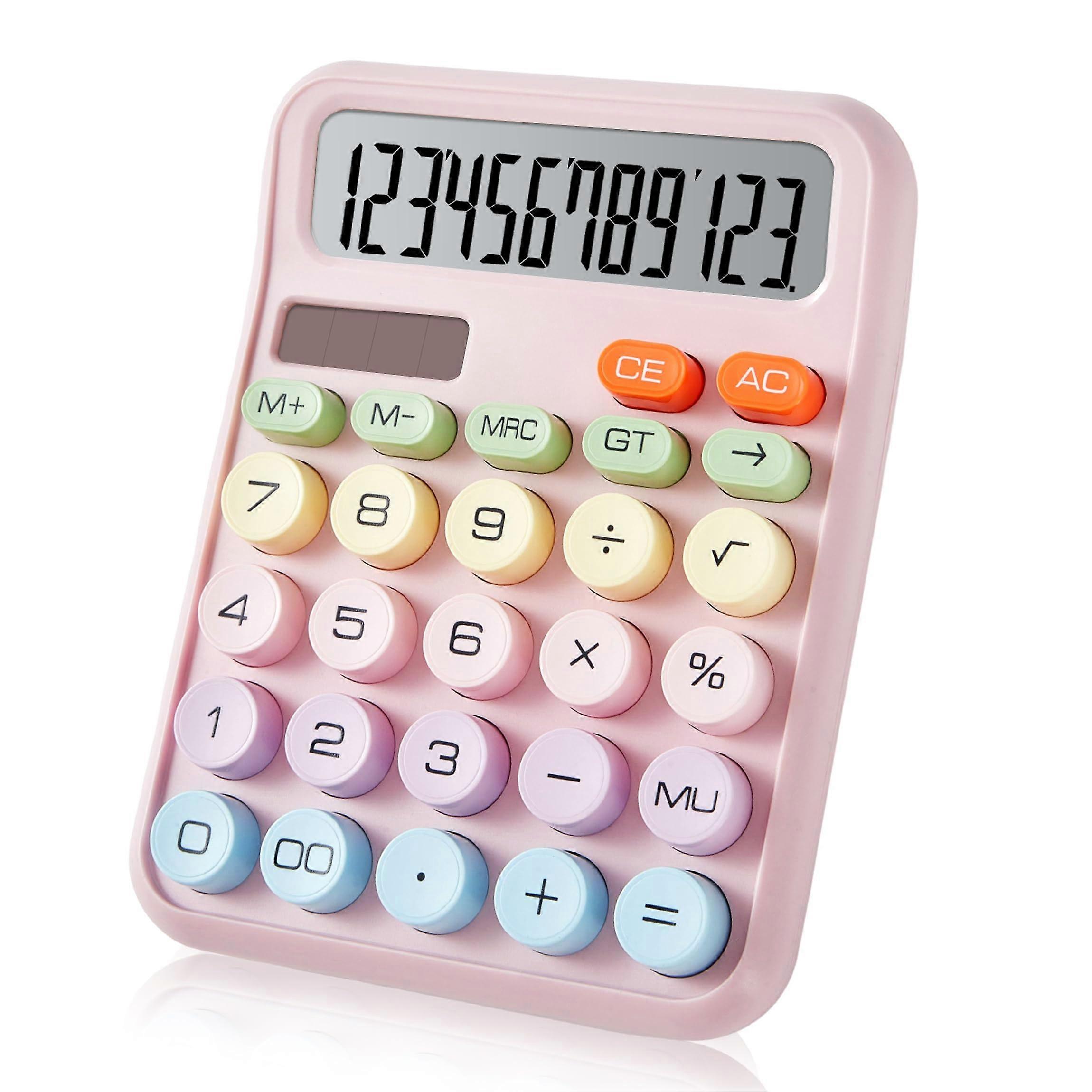 Pink 12Digit Desktop Calculator with Large Tilted Display and Big Keys, Dual Solar Battery Power