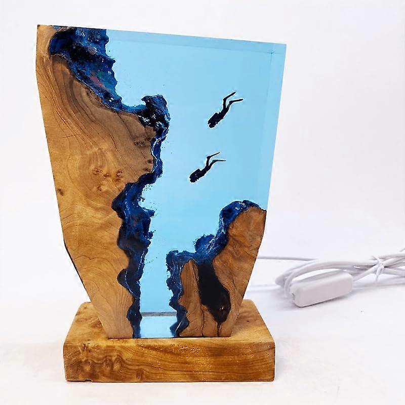 Resin Table Lamp with Whale Shark Design, Handcrafted Wood and Epoxy, Warm LED Bedside Light