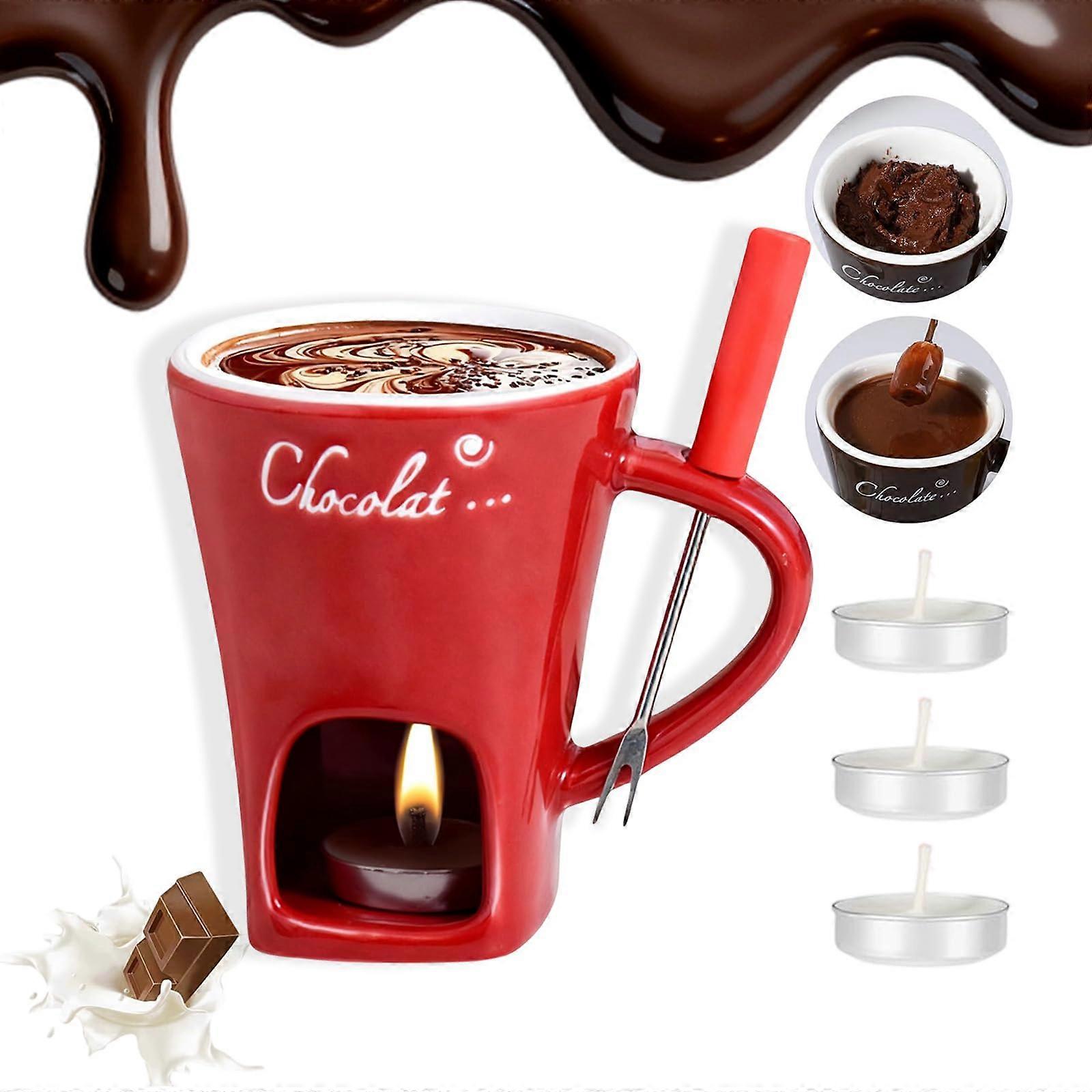Chocolate Fondue Set with Ceramic Mug Fork and Candle for Quick Melting and Date Night Parties