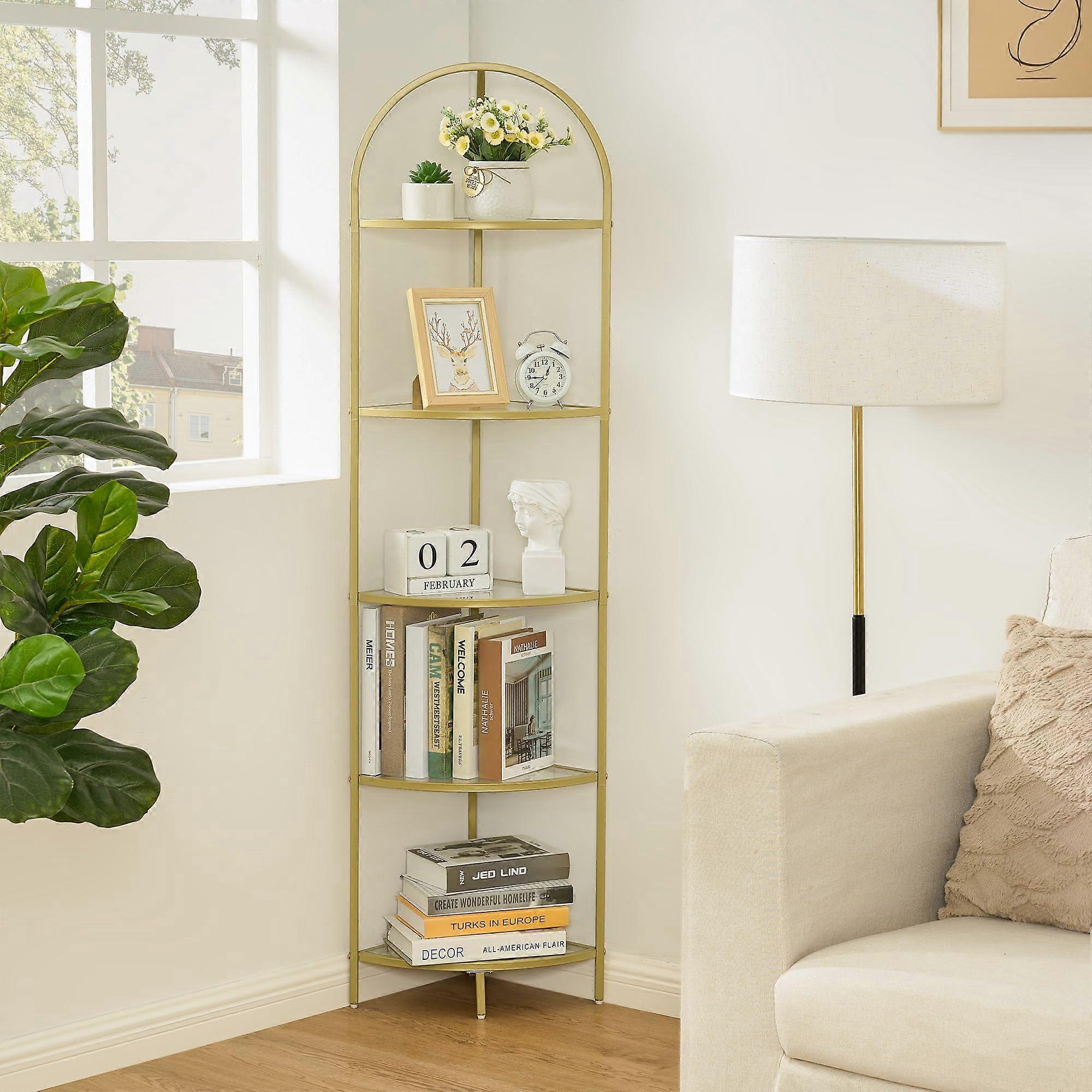 5 Tier Corner Shelf with Tempered Glass and Gold Frame, SpaceSaving Modern Storage Rack