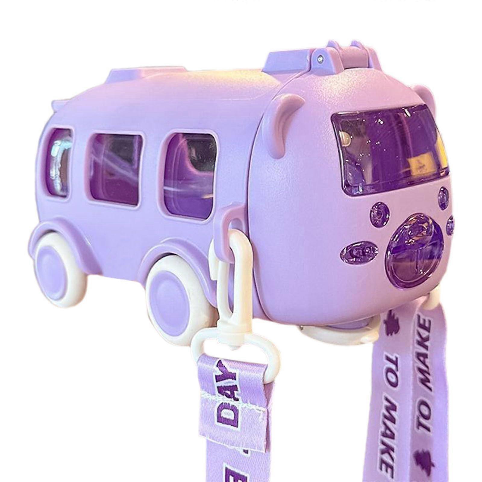 Cute Bus Shaped Water Bottle with Straw, 500ml Leak Proof, Adjustable Strap, Purple