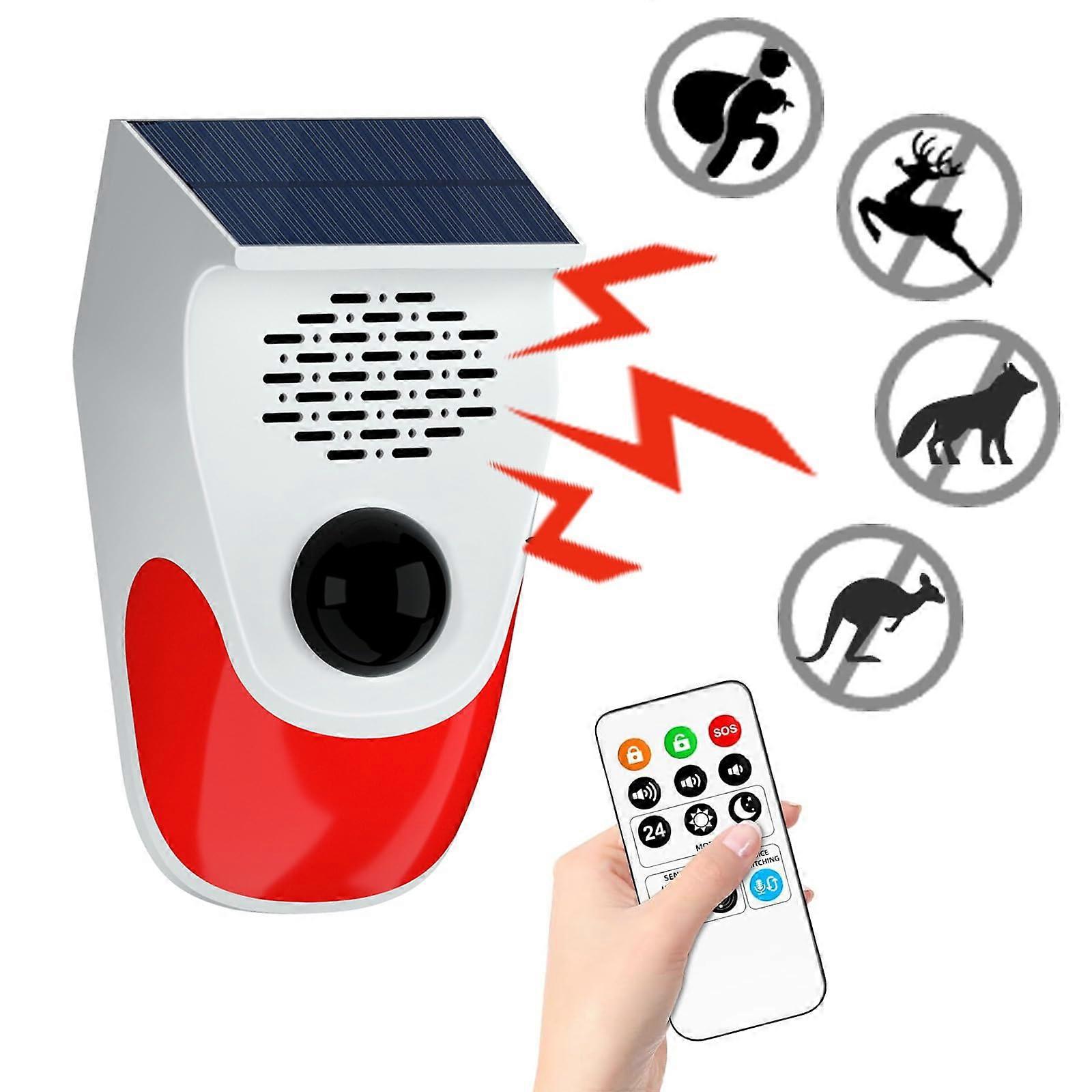 Solar Motion Sensor Alarm with Custom Sounds, LED Flash, USB and Solar Charging, Remote Control