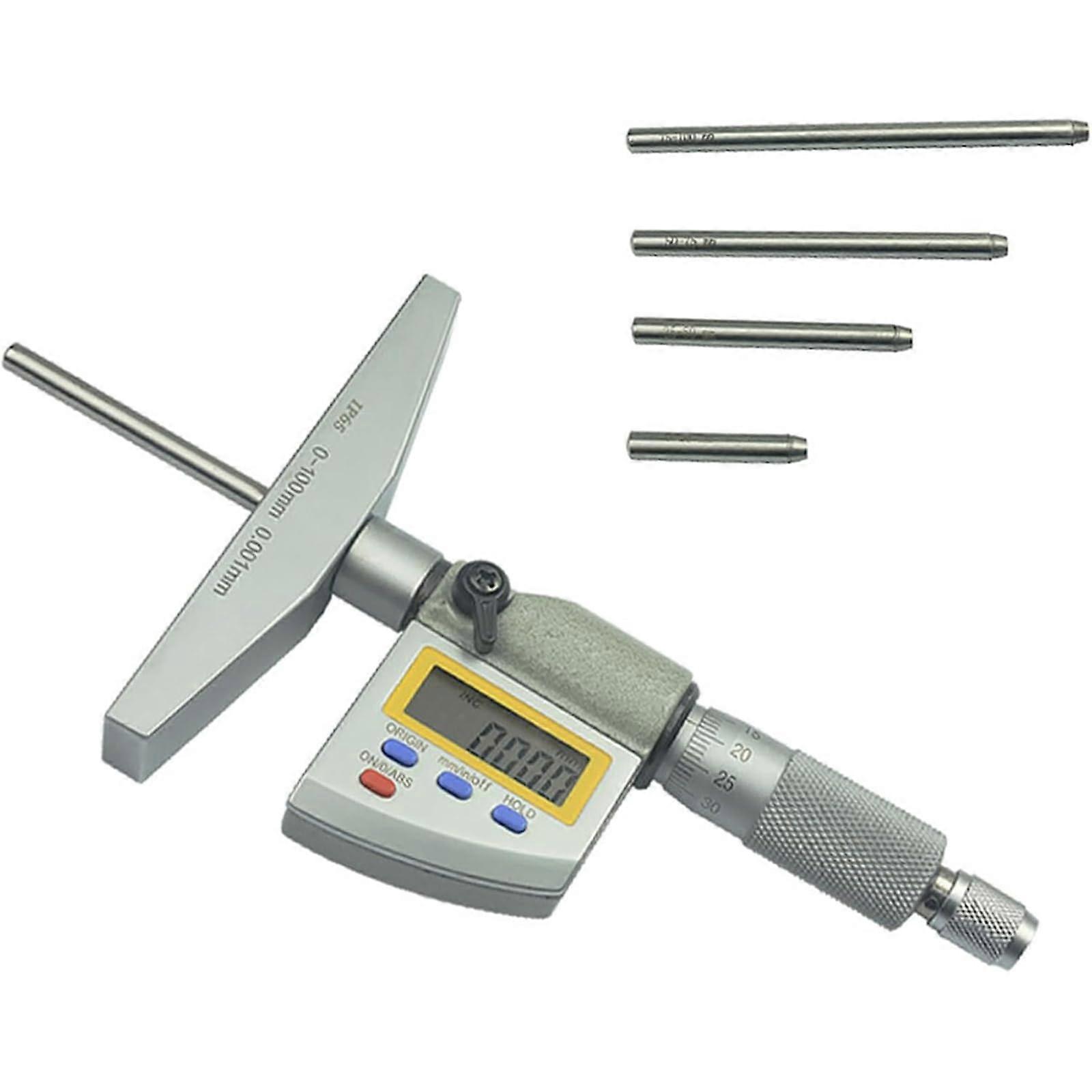 Digital Depth Micrometer with LCD Display, Stainless Steel Gauge, 4 Interchangeable Probes 0100mm