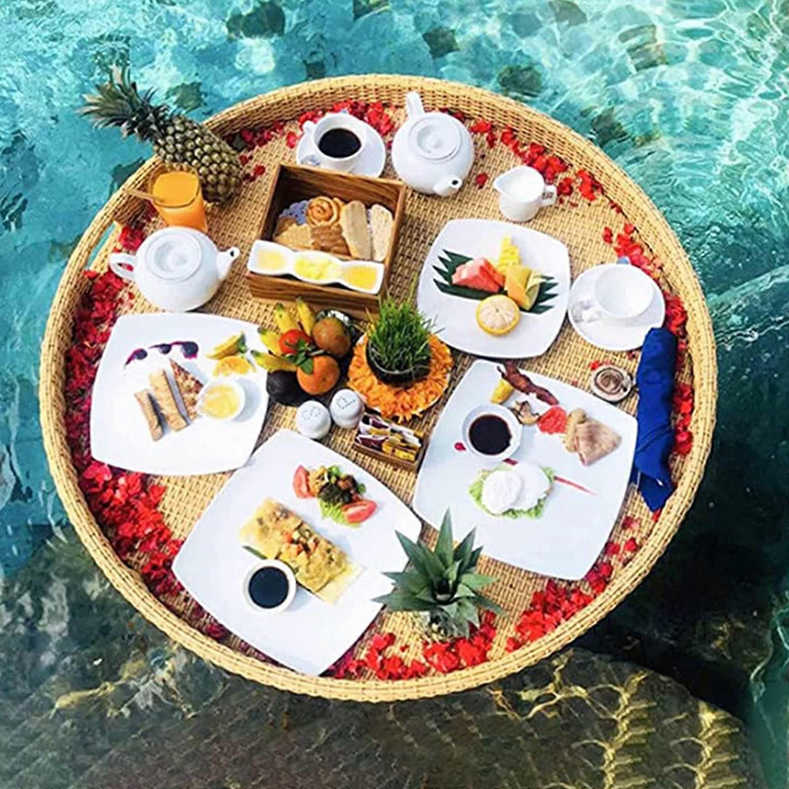 Round Rattan Floating Pool Tray for Breakfast, Drinks and Snacks, Stable Outdoor Spa Use
