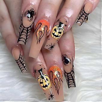 Set da 24 unghie finte lunghe e quadrate per Halloween, effetto nudo, con design a ragnatela