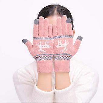 Pink Winter Gloves for Women Touch Screen Knitted Gloves Cute Elk Deer Snowflake Design Warm Soft Fit