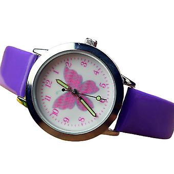 Veeki Cute pink butterfly cartoon children's watch, leather watch sports quartz with luminous hands, birthday gift for boys and girlsPurple