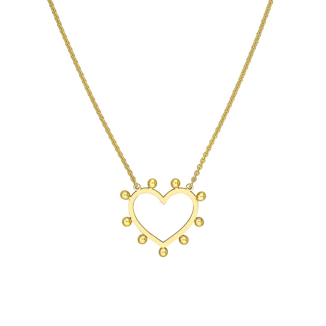 Colar ajustável de 45 cm (18 polegadas) com pingente de coração vazado em ouro amarelo 14k com 9 contas.