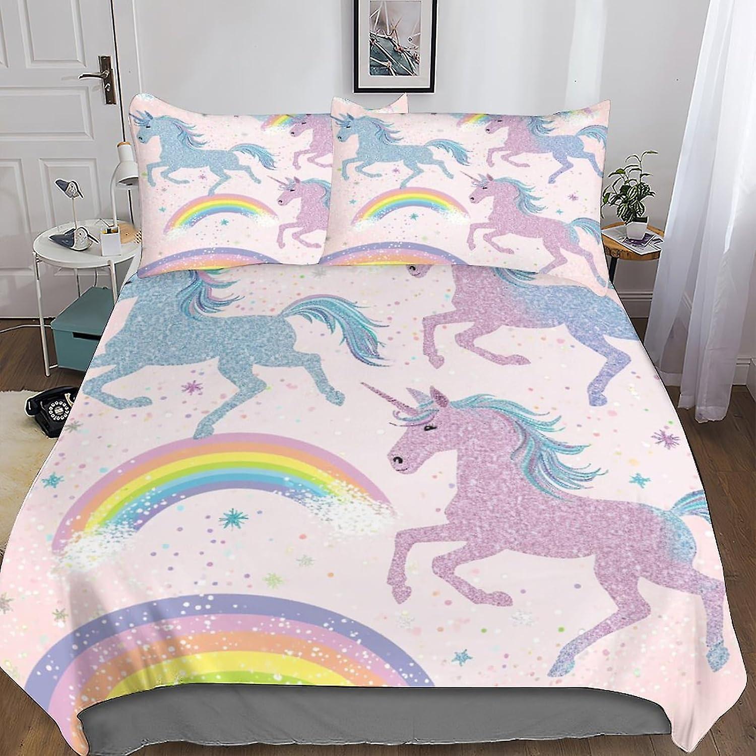 DSJackson لطيف يونيكورن موضوع 3D طباعة لحاف غطاء 3 قطع الكرتون لحاف غطاء الفراش مجموعة مع ستوكات مع إغلاق سحاب مخفي مع أكياس وسائد