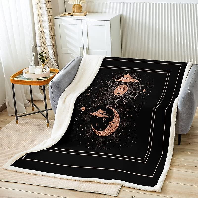 Sun Moon Fleece Throw Blanket for Bed Sofa Kids Outer Space Plush Blanket Room Decorative Solar System Sherpa Blanket Boho Exotic Galaxy Fuzzy Blanket