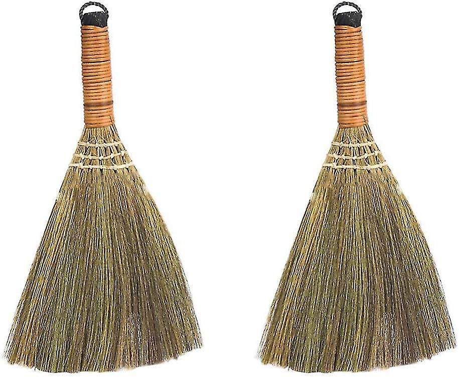 Portable Desk 2Pcs Indoor Grass Broom Whisk Broom Thai Handle Broomstick Sweeping Cleaning Tool