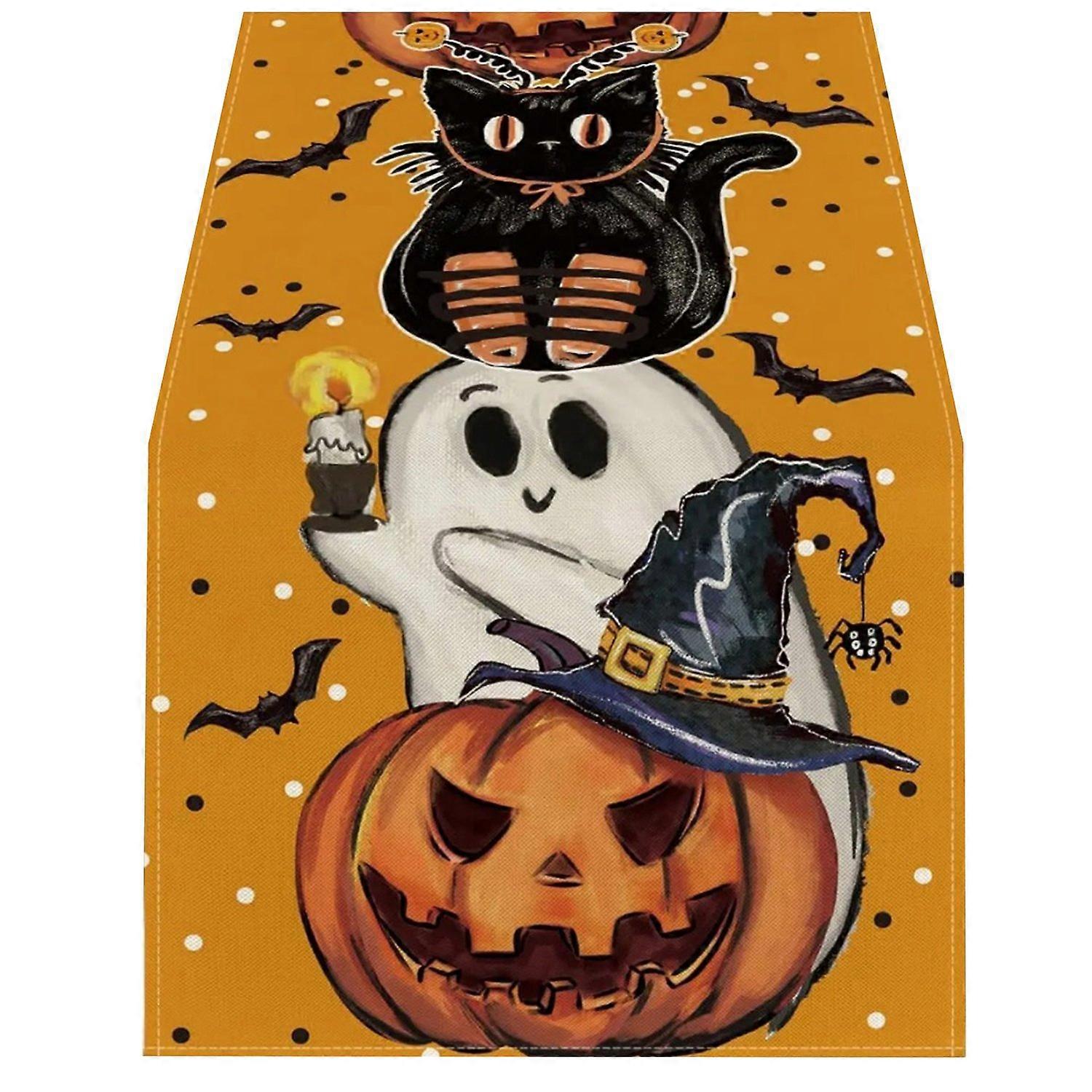 Halloween Table Runner Spider Web Pumpkin Cartoon Ghost Print Rectangle Easy Care Table Protection