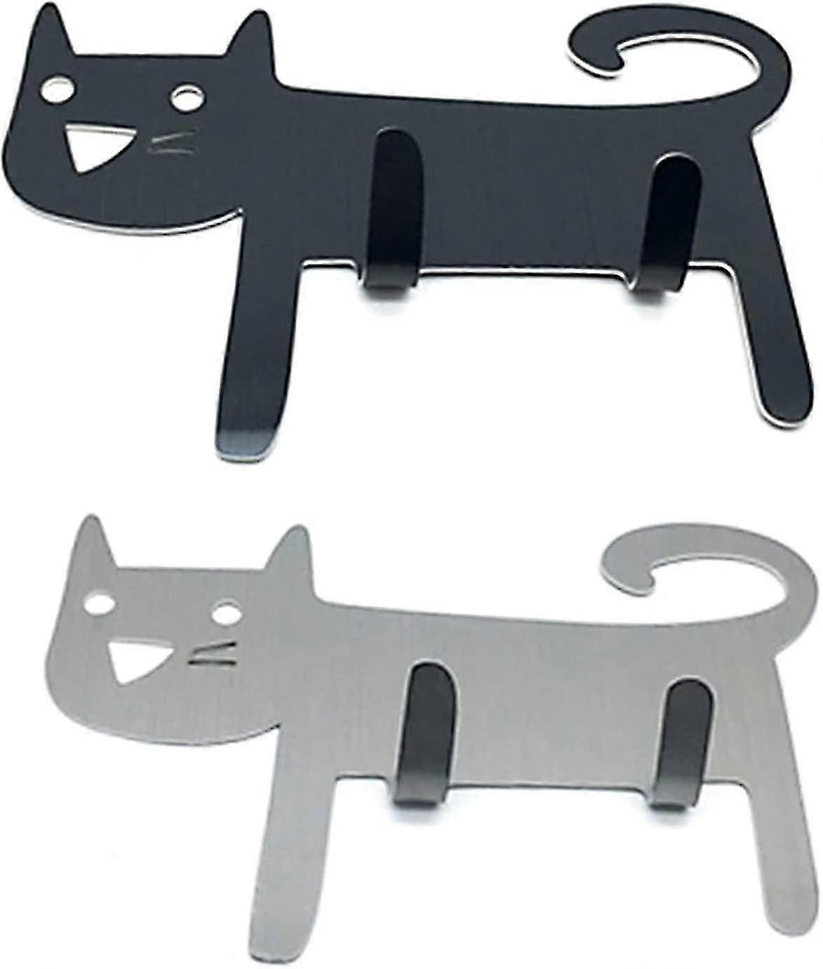 Decorative Wall Hooks, Sticky Hooks, Cute Cat-shaped Wall Hooks(2 Pcs, Silver, Black)