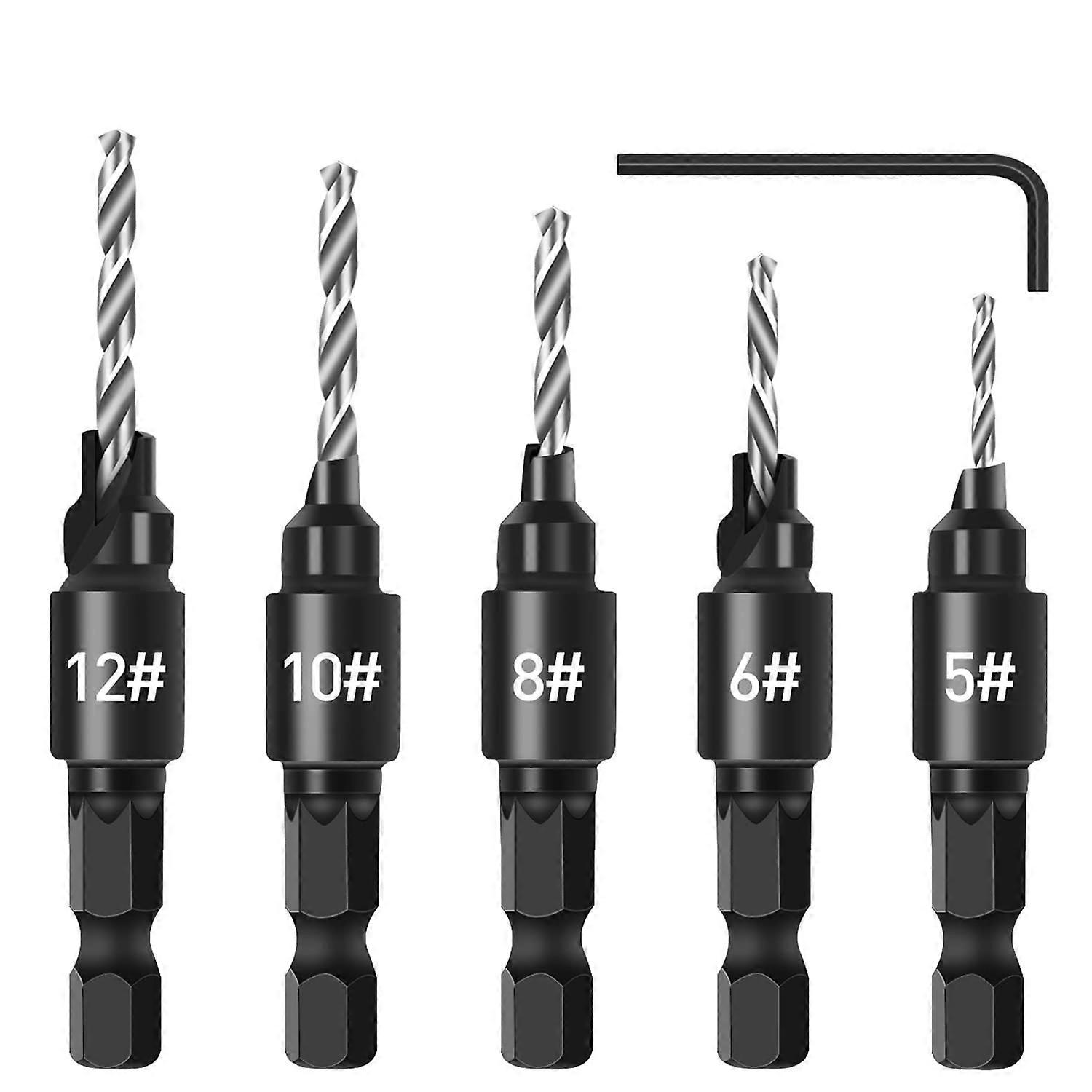 5Pcs Chamfer Drill Bit Set, 1/4" Adjustable Hex Shank Countersink Set Quick Change