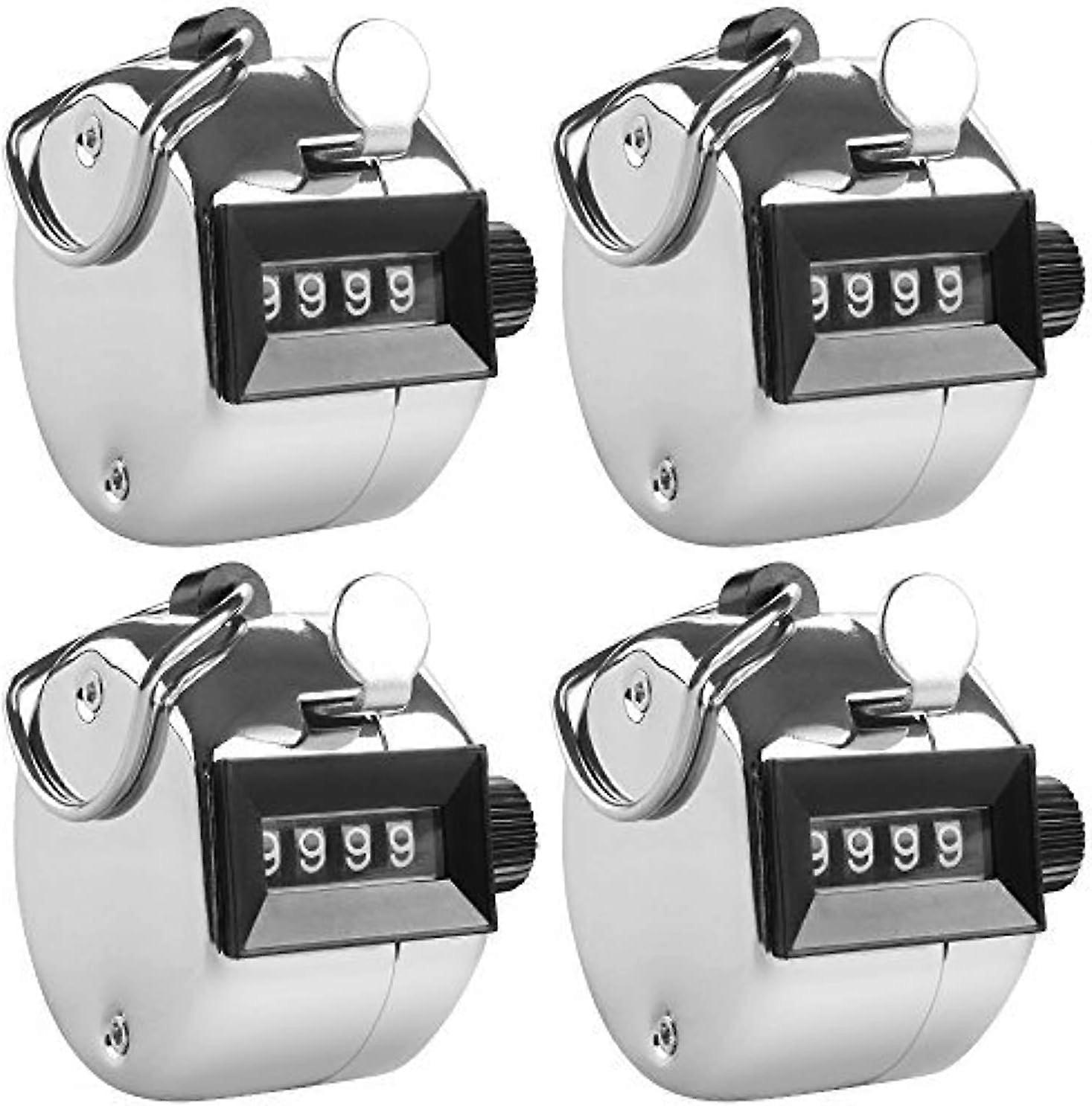 4 Digit Manual Counters, Set of 4 Mechanical Hand Numerators with Ring Hoop Finger Holder for Sport Golf Step Count - Silver
